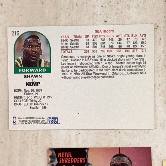 Shawn Kemp 1990 Basketball Cards Rookie NBA Hoops 279 Seattle Supersonics - Picture 13 of 16